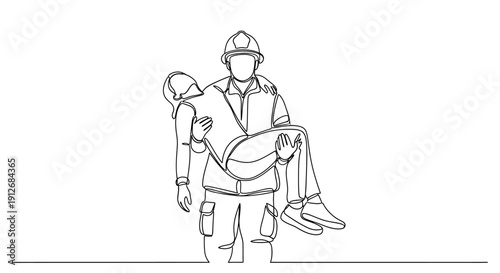 Firefighter Rescues Victim Line Art Illustration