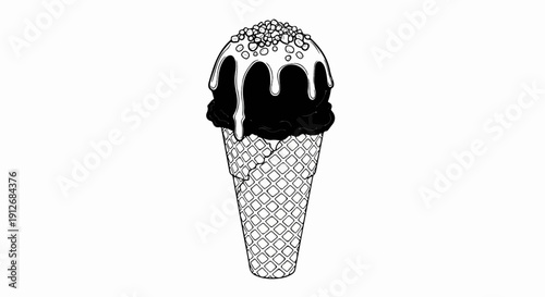 A black and white drawing of a chocolate ice cream cone with sprinkles