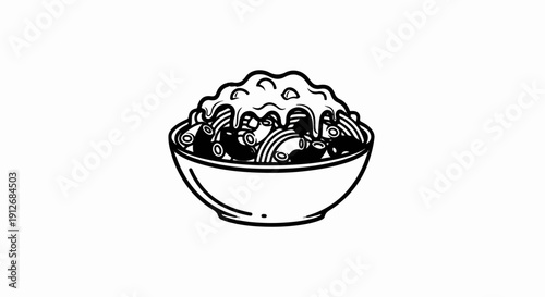 A black and white illustration of a bowl filled with pasta and sauce
