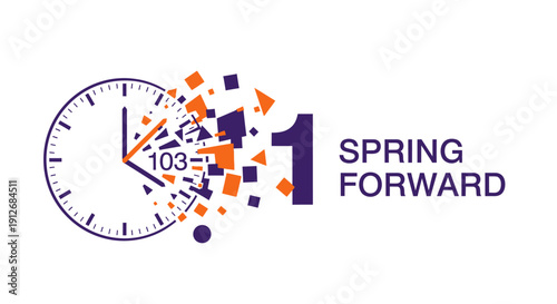 Daylight Saving Time Spring Forward Vector Illustration. Clock Changing 1 Hour Ahead with Abstract Dynamic Geometric Design.