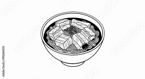 A black and white illustration of a bowl of noodles topped with meat