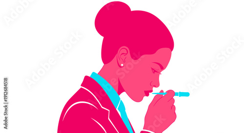 Focused Businesswoman Sampling or Testing. Pop art vector illustration in vibrant neon pink and blue, demonstrating professional evaluation and concentration.