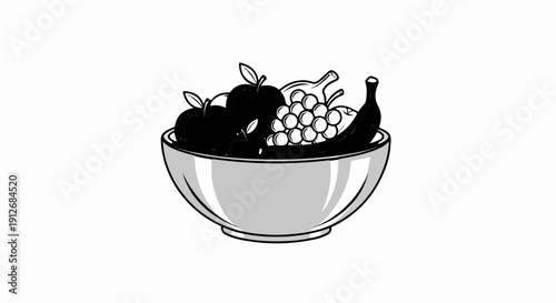 A black and white illustration of a bowl of various fresh fruits