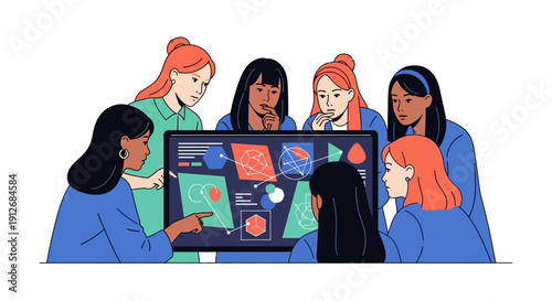 Diverse Women Team Analyzing Big Data Visualization on Screen. Female Analysts Collaborating on Business Strategy and Technology R&D.