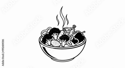 A black and white drawing of a steaming bowl filled with assorted fresh vegetables