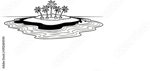 A black and white illustration of a small island with palm trees, surrounded by wavy water