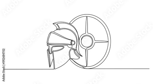 Spartan helmet and shield, continuous line drawing, ancient Greece warrior symbol