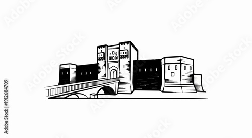 A black and white graphic depicting a historic stone gateway with an arched bridge