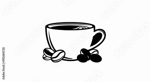 A black and white illustration of a coffee cup with coffee beans