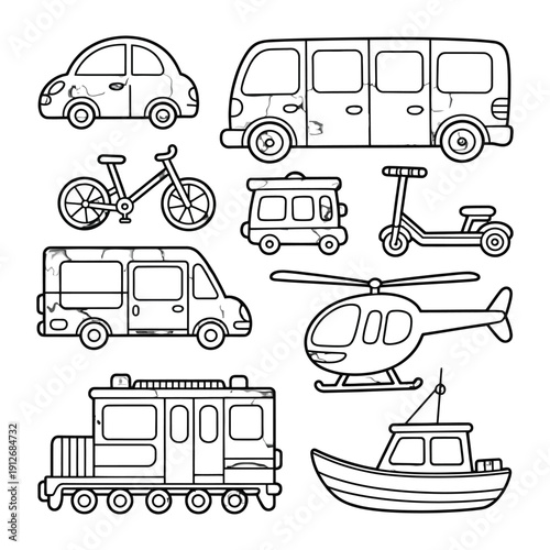 Vehicular Variety: A collection of various vehicle illustrations, designed to stimulate the imagination, depicting the different modes of transportation from air, land and sea.