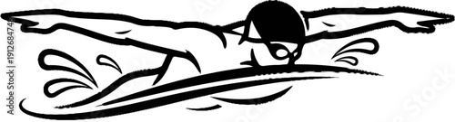 A black and white graphic depicts a swimmer in mid-stroke, conveying dynamic aquatic motion