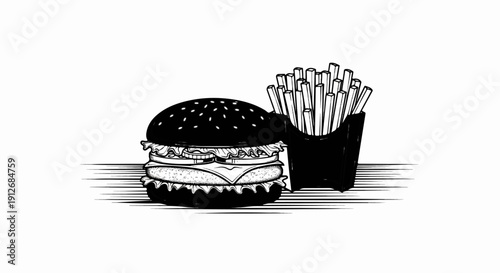 A black and white illustration of a stacked hamburger with fries