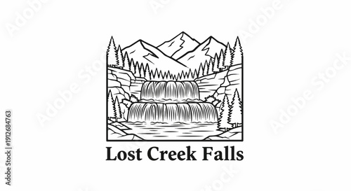 A black and white graphic depicts a serene mountain waterfall scene with trees and rocks