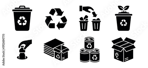 Recycling black and white icons set