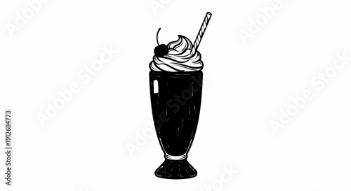 A black and white illustration of a dark beverage with whipped cream, cherry, and straw