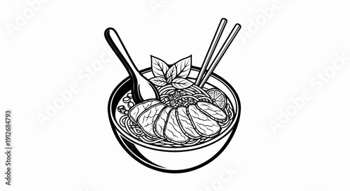 A black and white illustration of a steaming bowl of noodles with meat and herbs