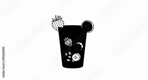 A black and white illustration of a tall glass filled with a dark beverage and garnished with fruit