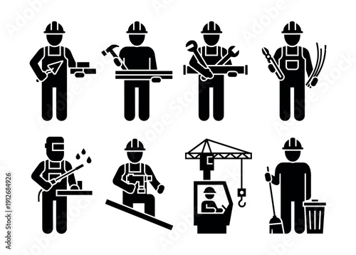Construction professions silhouette icons set