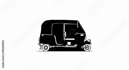 A black and white illustration of a three-wheeled auto rickshaw