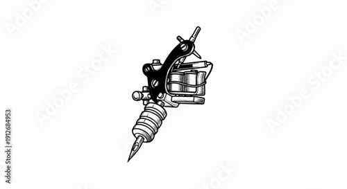 A black and white illustration of a tattoo machine with coils