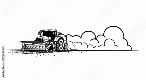 A black and white illustration of a tractor cultivating land