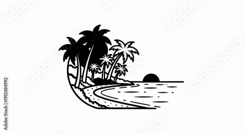 A black and white illustration of a tropical beach scene with palm trees and a setting sun