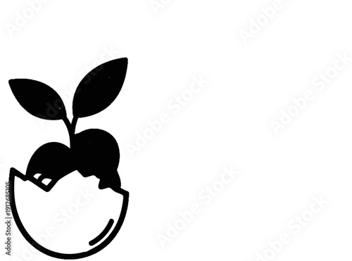 A black and white graphic of a seedling emerging from a cracked eggshell