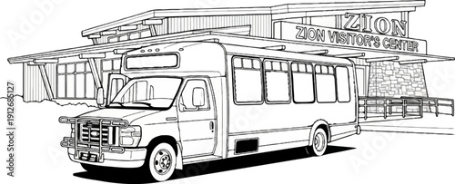 A black and white illustration of a visitor center with a shuttle bus