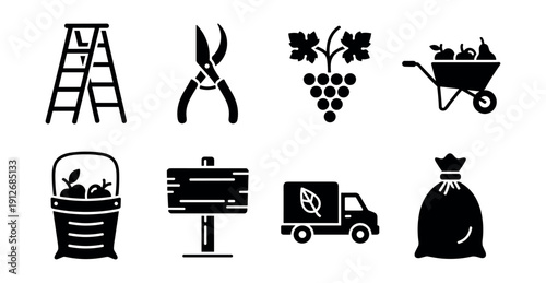 Agriculture and gardening silhouette icons set
