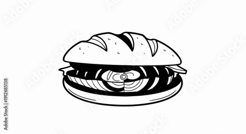 A black and white illustration of a fish sandwich on a white background