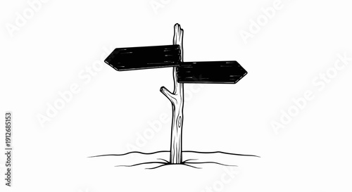 A black and white illustration of a wooden directional signpost with two blank arrows