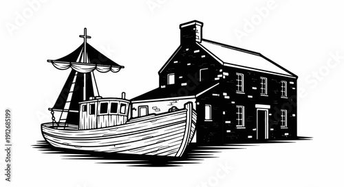 A black and white illustration of a fishing boat docked beside a brick building