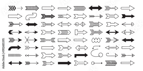 Big collection of hand-drawn doodle arrow designs with various styles, directions, and tip shapes