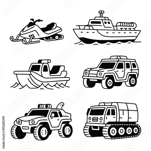 Assortment of transport vehicles icons: A diverse collection of transport vehicle icons, rendered in a simple, bold style, ideal for use in design projects or informational graphics.