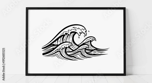 A black and white illustration of crashing ocean waves in a framed artwork