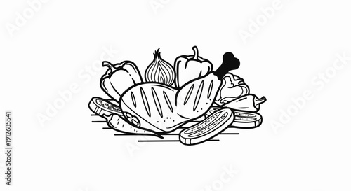 A black and white illustration of a grilled chicken leg with assorted vegetables