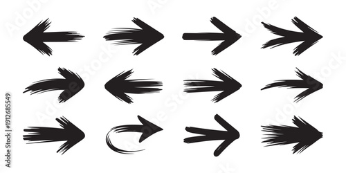 Group of eleven black painted arrows on white background vector illustration assortment