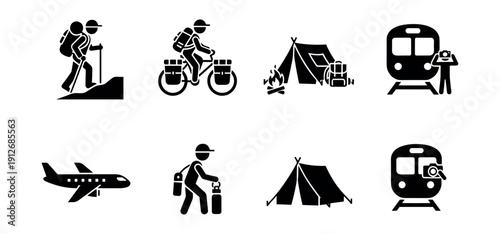Travel and Outdoor Activities Monochrome Icons Set