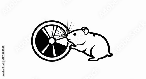 A cartoon rodent is shown with its nose touching a wheel with spokes