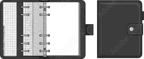 A black binder notebook lies open next to its closed cover