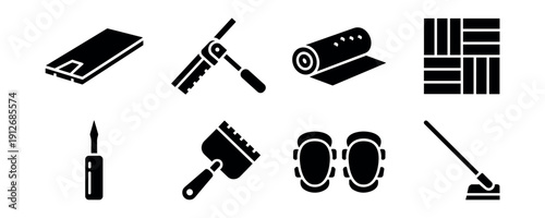 Flooring tools and materials silhouette icons set