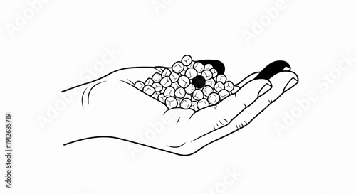 A black and white outline drawing of a hand holding many small white balls and one black cube