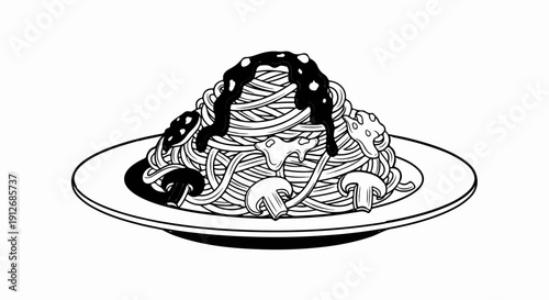 A black and white illustration of spaghetti with mushrooms and sauce on a plate