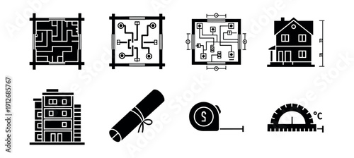 Architecture and construction black and white icons set