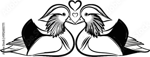 A black and white illustration of two elegant birds facing each other, with a heart above