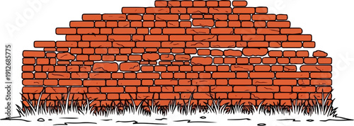 A cartoon-style reddish-brown brick wall with sparse grass at the base