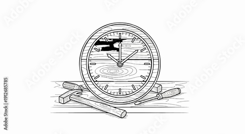 A clock on a wooden surface with tools