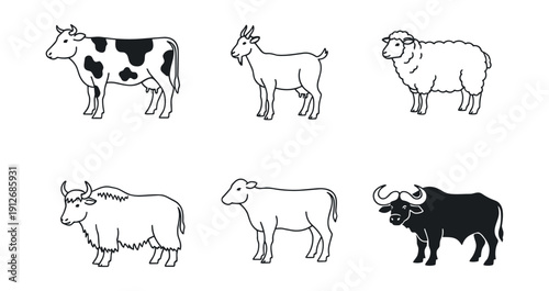 Farm animals black and white line illustrations set
