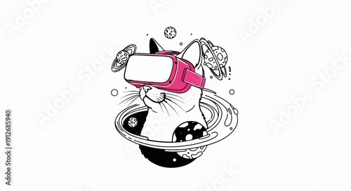 A cat wearing a VR headset floats through space surrounded by planets and stars