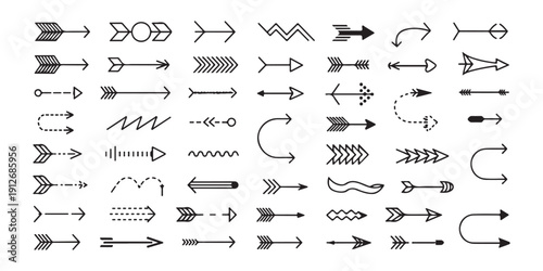 Collection of diverse hand-drawn arrows set with various styles and unique designs for graphic elements